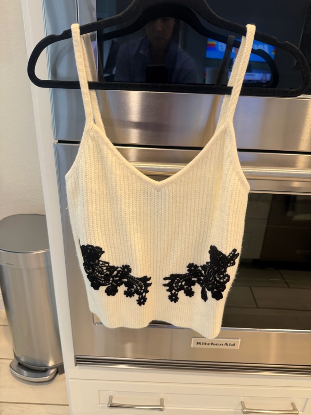 Express Cream Knit Cami with Black Lace Appliqué